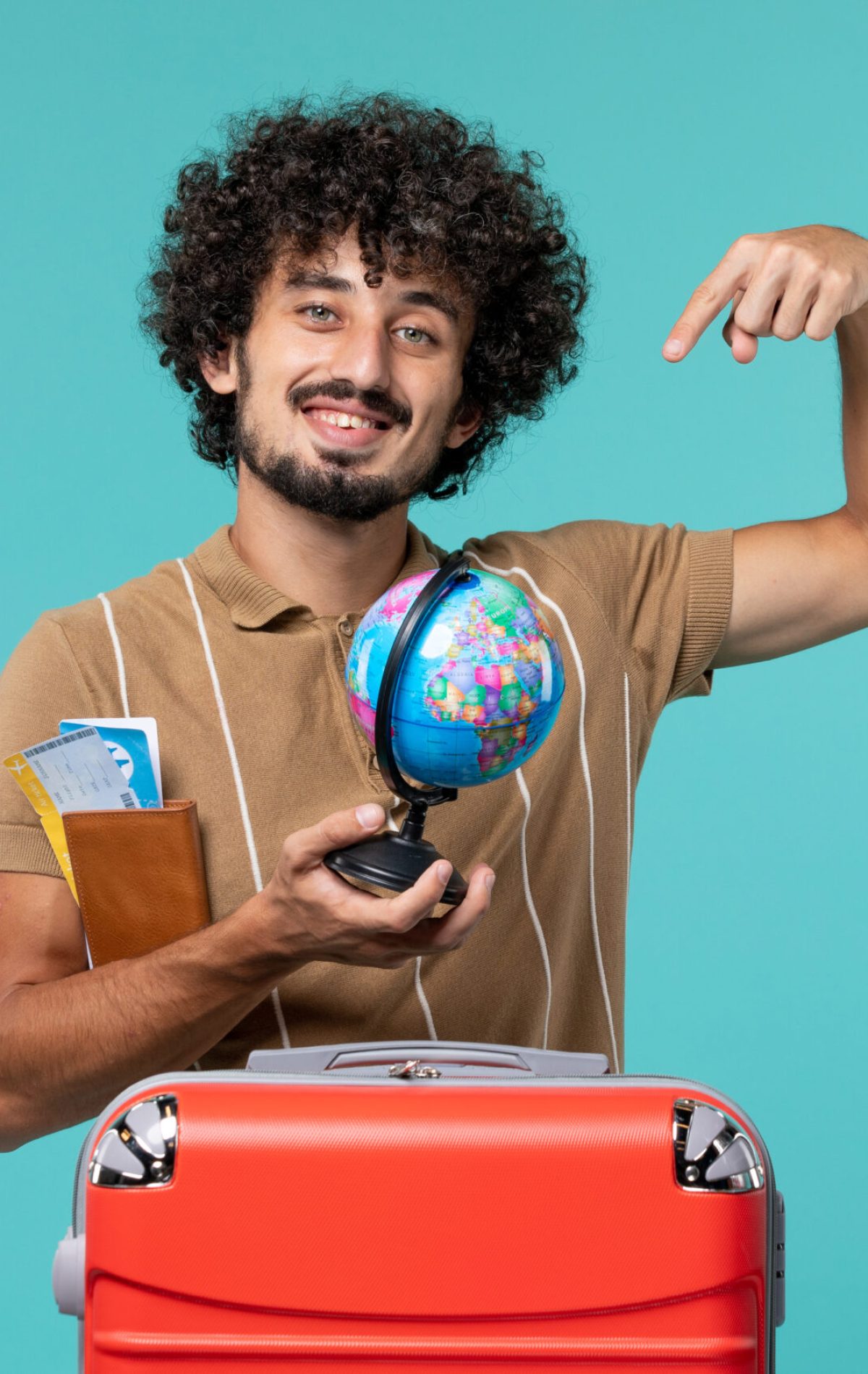 front-view-man-vacation-holding-globe-ticket-blue